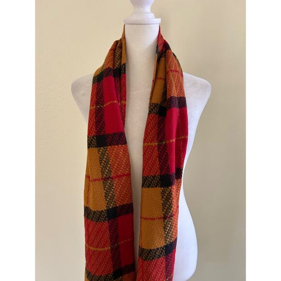 London Fog CashMink Scarf Plaid Red Mustard Tassel Hem Germany Winter - Picture 3 of 6